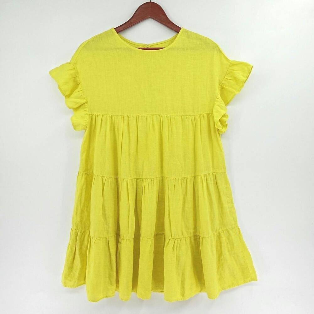 LANHTROPY Babydoll Dress Tiered Yellow 100% Linen One Size‎ Travel Boho Chic